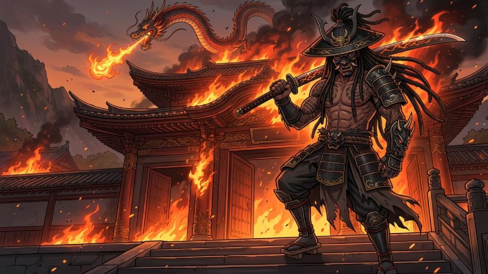 Blazing Dragon Temple Samurai Warrior in Shadowed Armor wallpaper