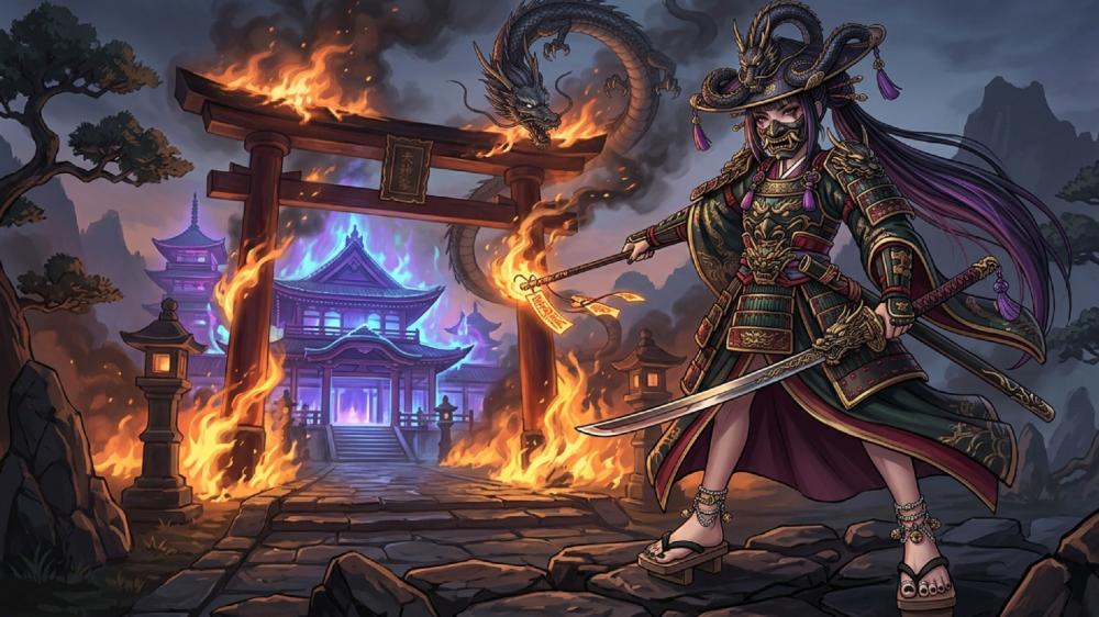 Flame Gate Samurai Princess Facing the Dragon Night wallpaper