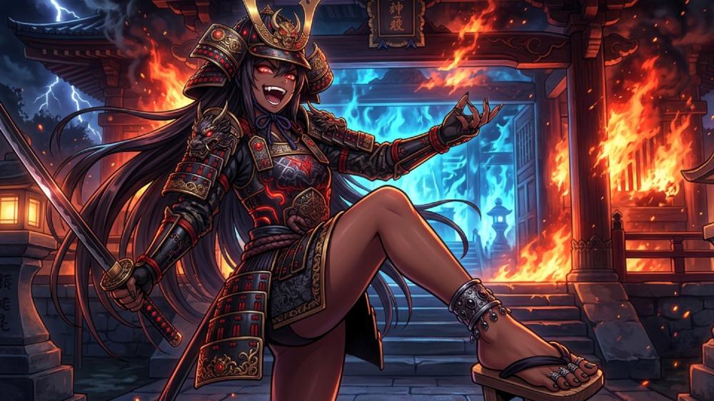 Inferno Shrine Samurai Girl Unleashed in Midnight Storm wallpaper