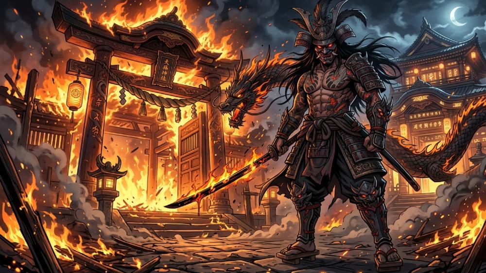 Infernal Samurai Guardian Amid Burning Shrine and Moonlit Storm wallpaper