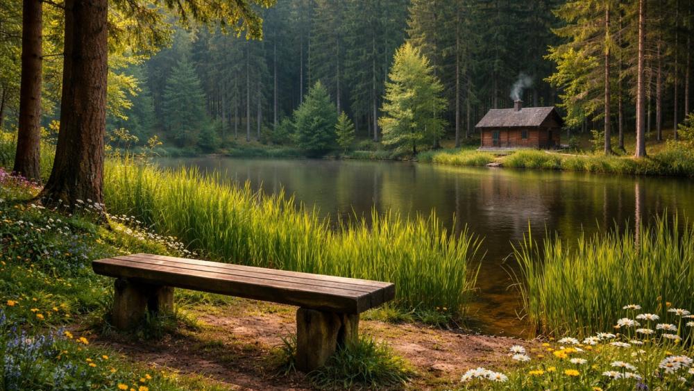 Cabin by a small forest lake wallpaper