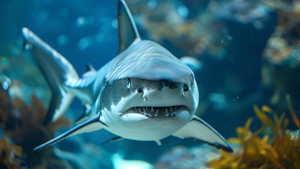 Majestic Great White Shark Gliding Through Crystal Blue Depths wallpaper