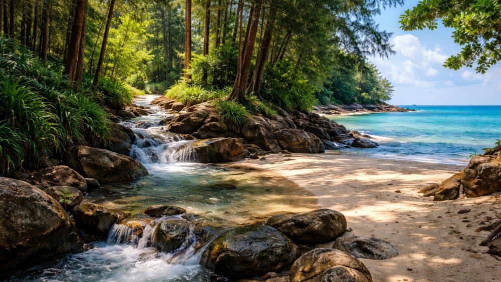 Tropical Creek Waterfall Meeting the Turquoise Sea on a Quiet Beach wallpaper