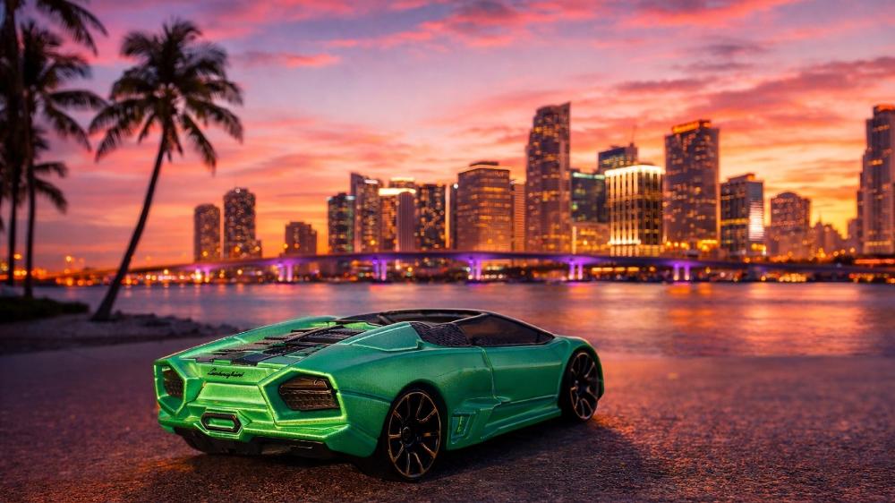 Neon Sunset Skyline with Green Hot Wheels Lamborghini Reventón Roadster wallpaper