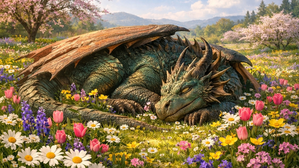 Sleeping Emerald Dragon in a Sunlit Wildflower Meadow wallpaper