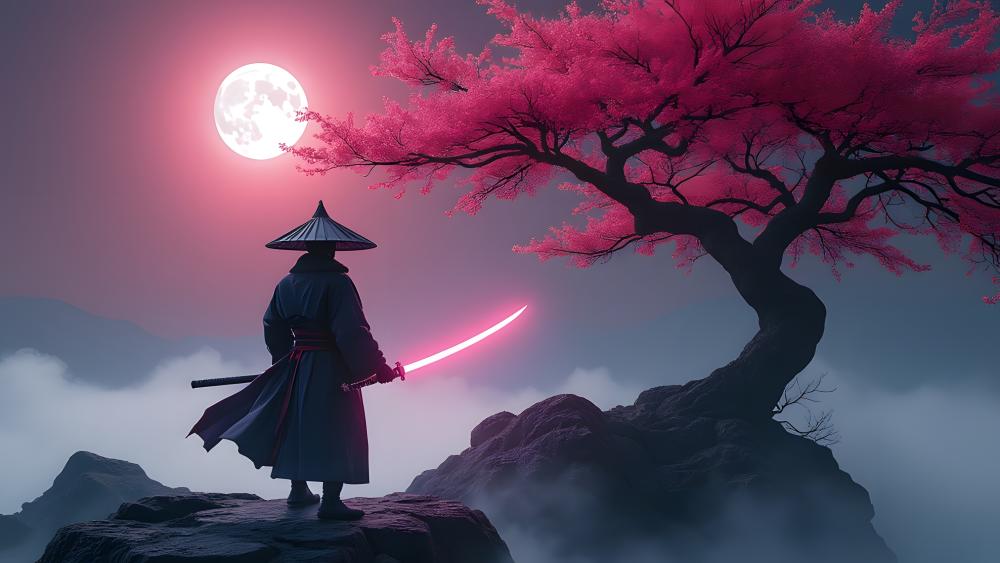 Neon Katana Samurai Under Moonlit Pink Blossoms wallpaper