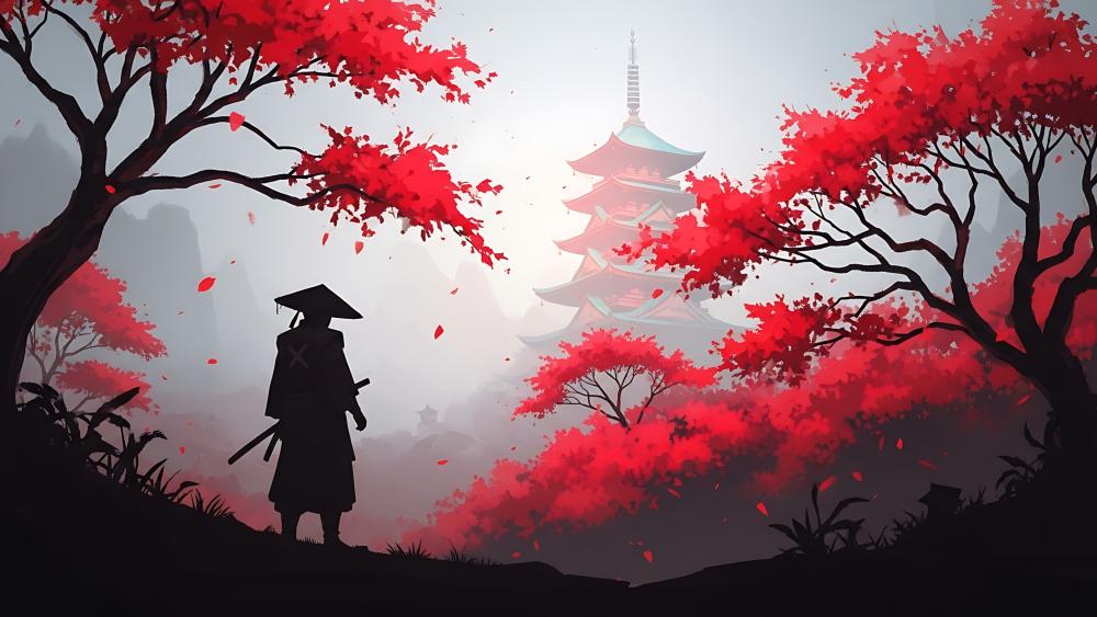 Crimson Maple Silence Samurai Silhouette Before the Misty Pagoda wallpaper