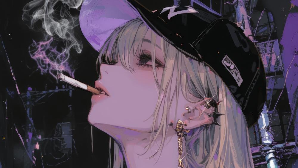 Neon Smoke Cyberpunk Anime Girl in Midnight City Glow wallpaper