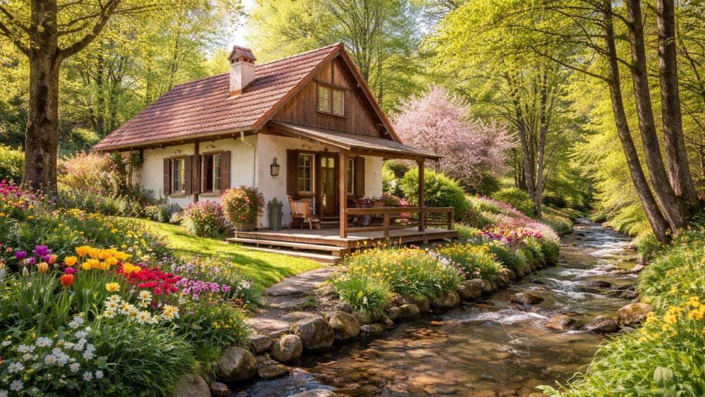 Sunlit Spring Cottage Beside a Whispering Forest Creek wallpaper