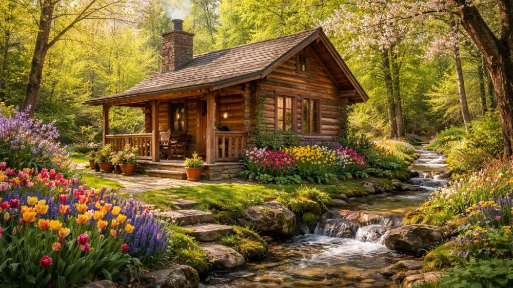 Spring Creek Log Cabin Retreat in a Blooming Forest Glade wallpaper