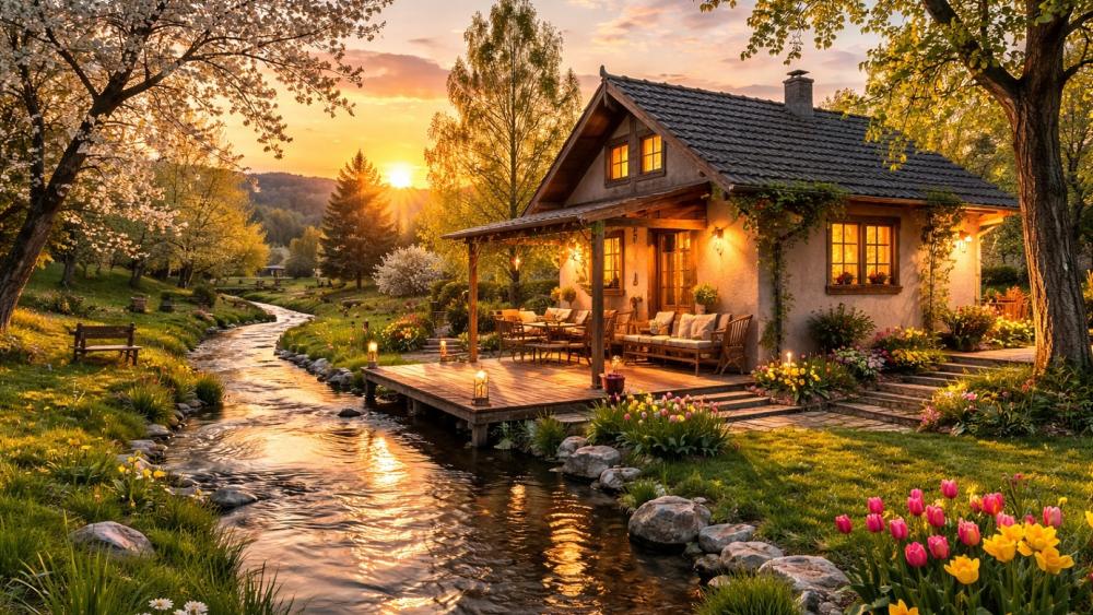 Sunlit Spring Cottage by a Quiet Creek at Golden Hour wallpaper