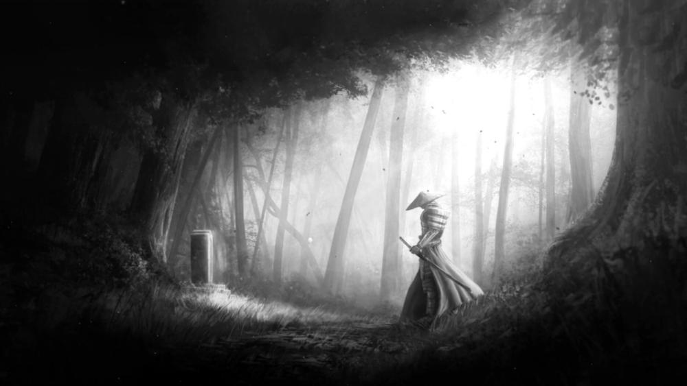 Monochrome Samurai Wanderer in a Misty Forest Path wallpaper