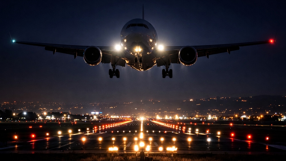 Midnight Approach Jetliner Over a Glittering Runway of City Lights wallpaper