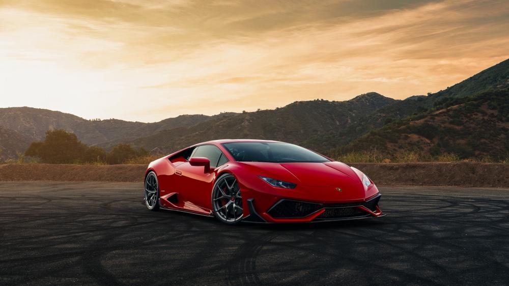 Red Lamborghini Huracan at Golden Hour Mountain Overlook wallpaper