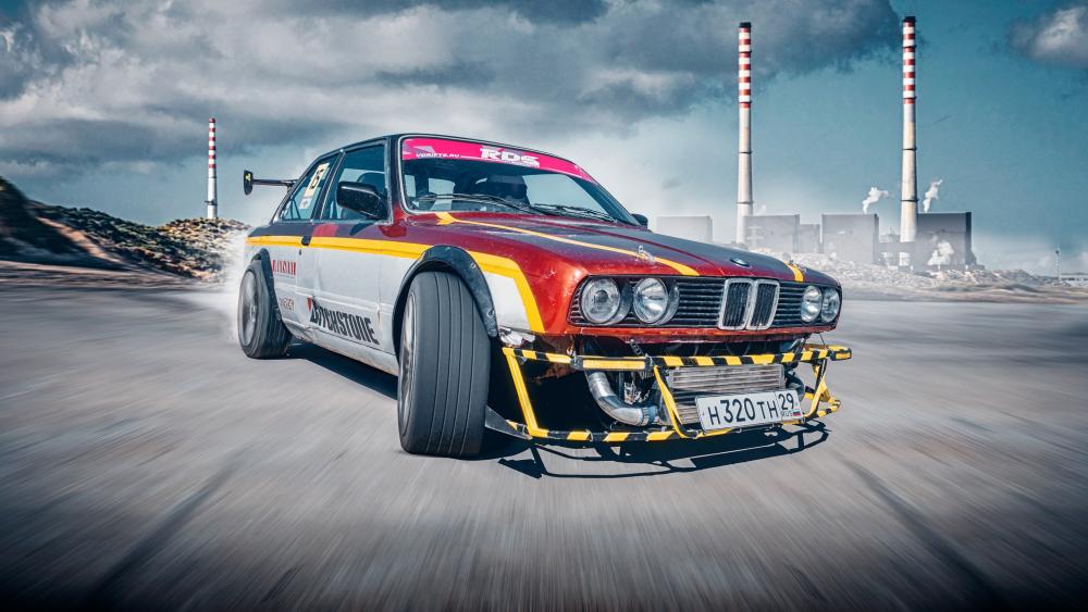 BMW E-Series Drift Car Charging Through Industrial Skyline in 5K wallpaper