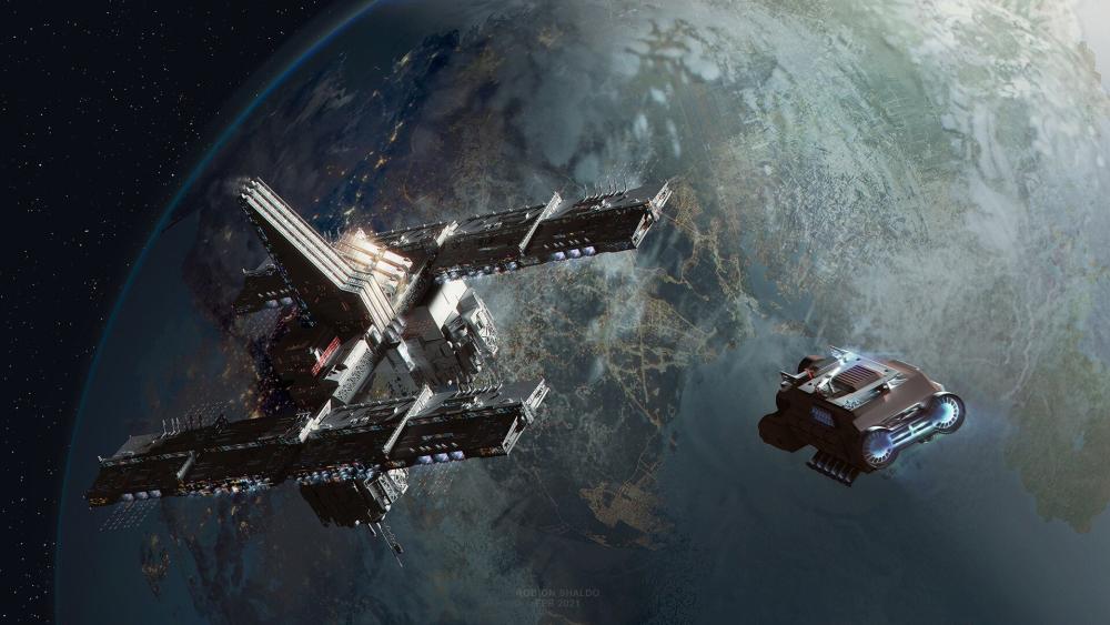 Orbital Citadel Over a Stormlit World wallpaper