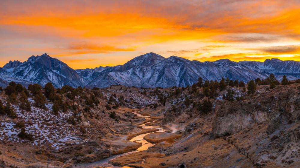 Sunset Glow Over Hot Creek Valley and Snowy Sierra Peaks wallpaper