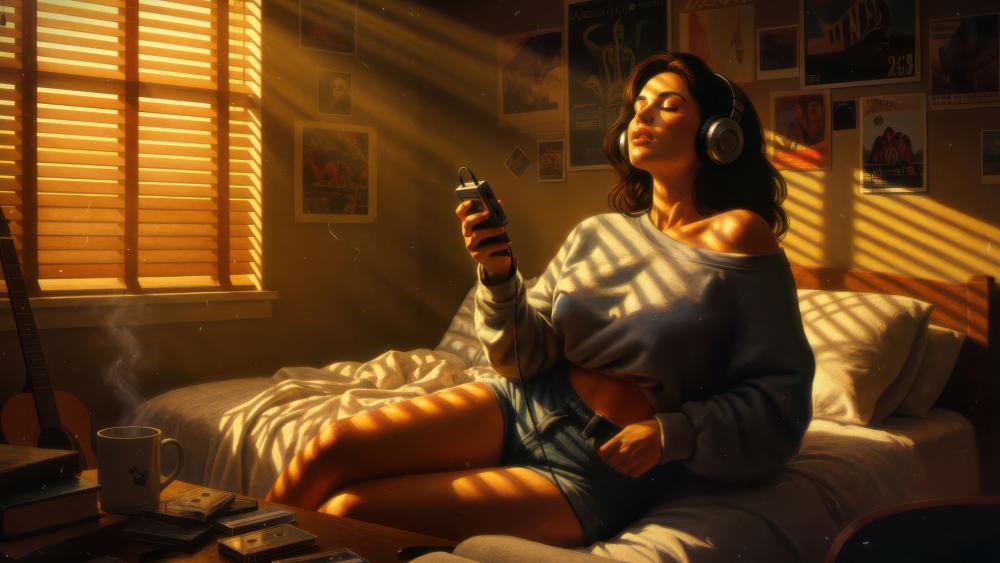Sunlit Lofi Bedroom Serenity with Headphones and Soft Morning Vibes wallpaper