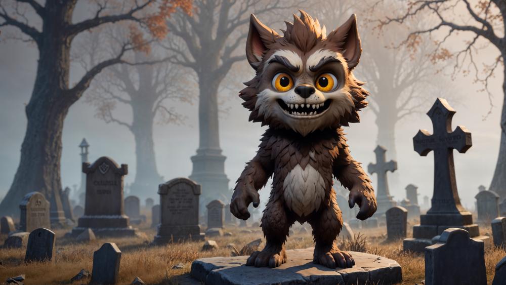 Cheeky Cartoon Werewolf Thumbs Up in Misty Graveyard 5K Wallpaper wallpaper