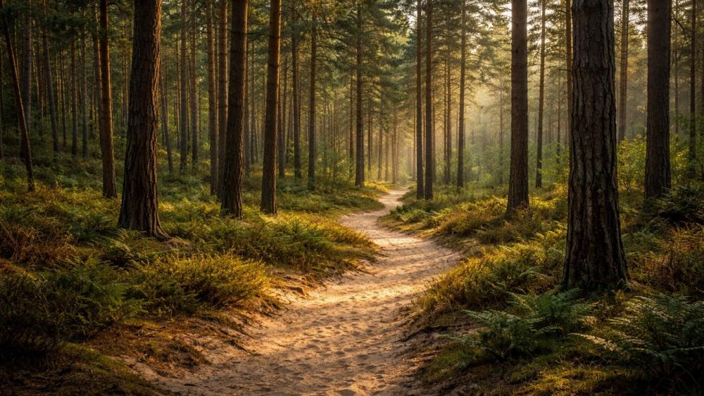 Sunlit Forest Path Through Tall Pines and Ferns wallpaper