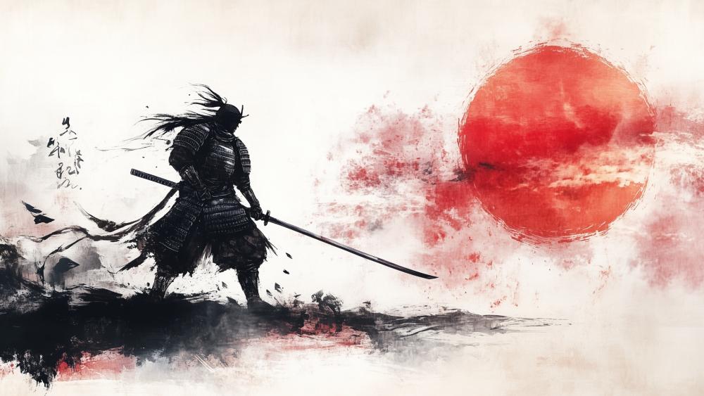 Lone Samurai Silhouette Beneath a Crimson Rising Sun wallpaper