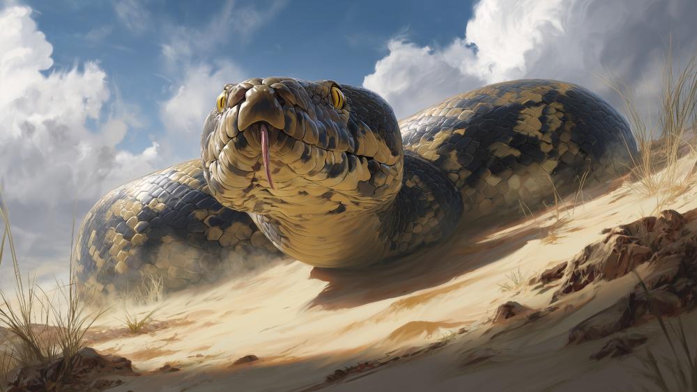 Titanoboa Emerges From Sunlit Dunes In Mythic Desert wallpaper