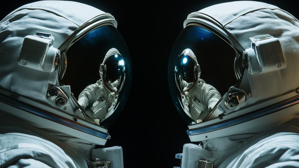 Mirrored Astronauts in Silent Orbit Reflection wallpaper