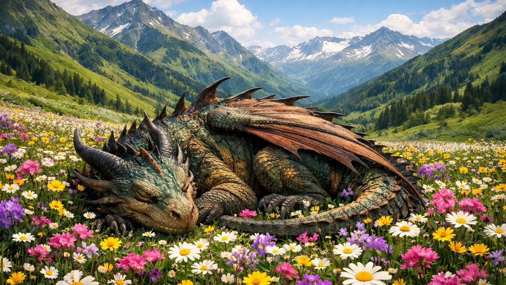 Sleeping Dragon in a Wildflower Valley Beneath Snowy Peaks wallpaper
