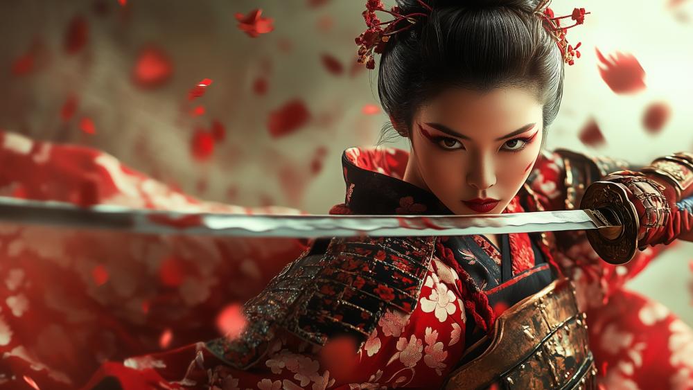 Crimson Petal Samurai Warrior with Katana in Ultra Realistic Style wallpaper