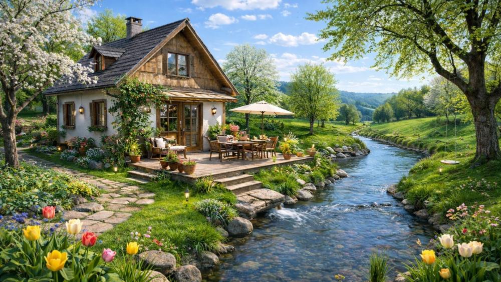 Sunny Riverside Cottage Retreat in Springtime Meadows wallpaper