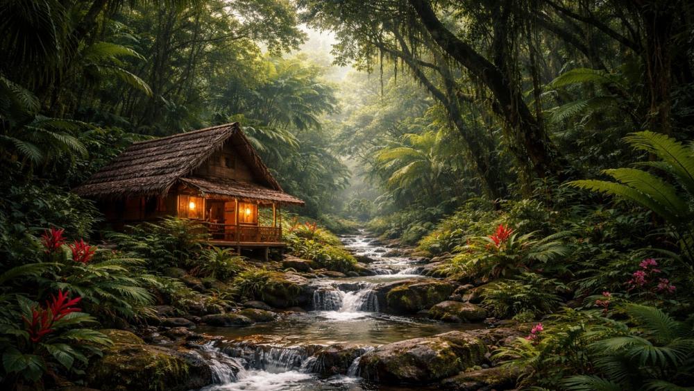 Small hut in the tropical rainforest wallpaper