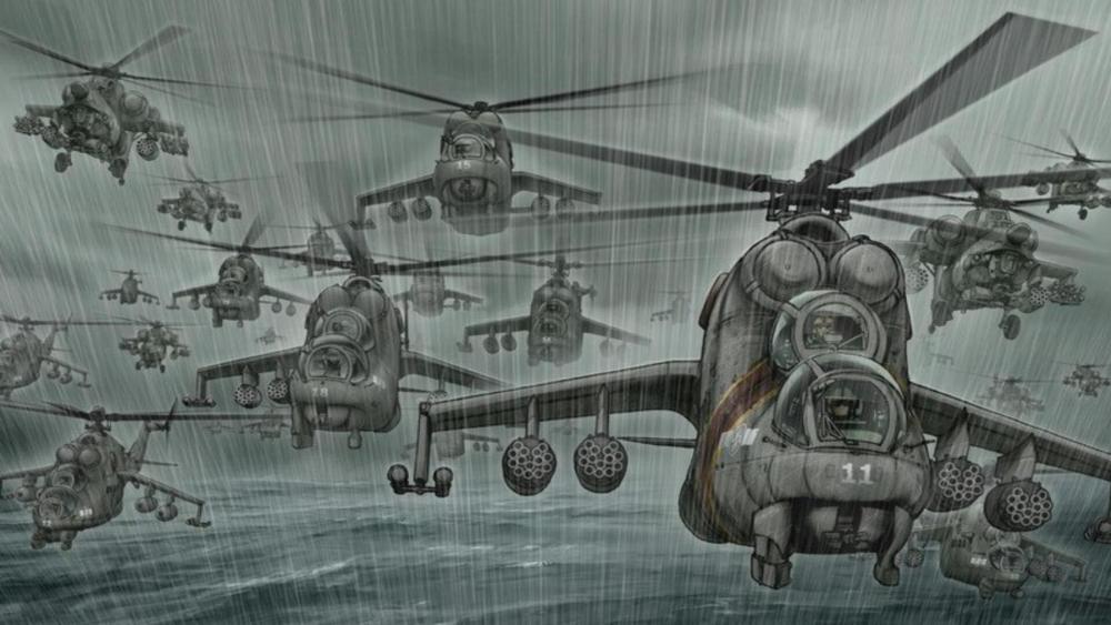 Mi-24 Hind Squadron Charging Through Stormy Skies in Formation wallpaper