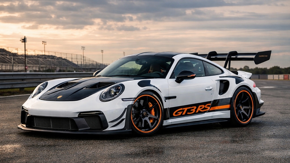 Porsche 992 GT3 RS Trackside at Sunset with Bold Orange Accents wallpaper
