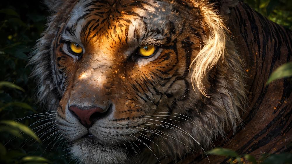 Golden Eyed Tiger Portrait in Forest Shadows 5K AI Art Wallpaper wallpaper