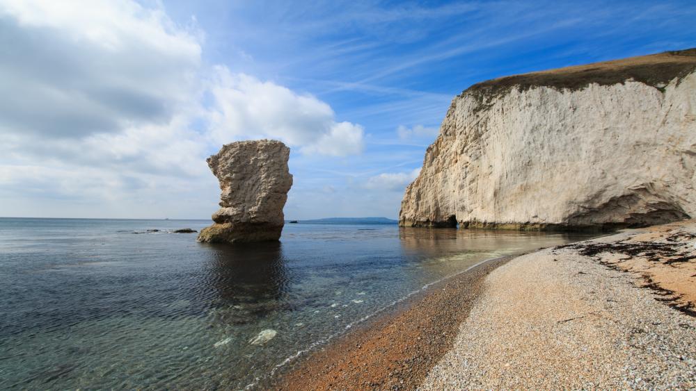 Old Harry Rocks Sea Stack Sunset Calm on Dorset Jurassic Coast wallpaper