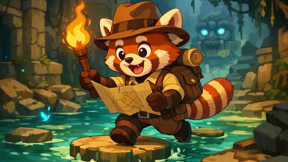 Brave Red Panda Explorer in Ancient Ruins Adventure wallpaper