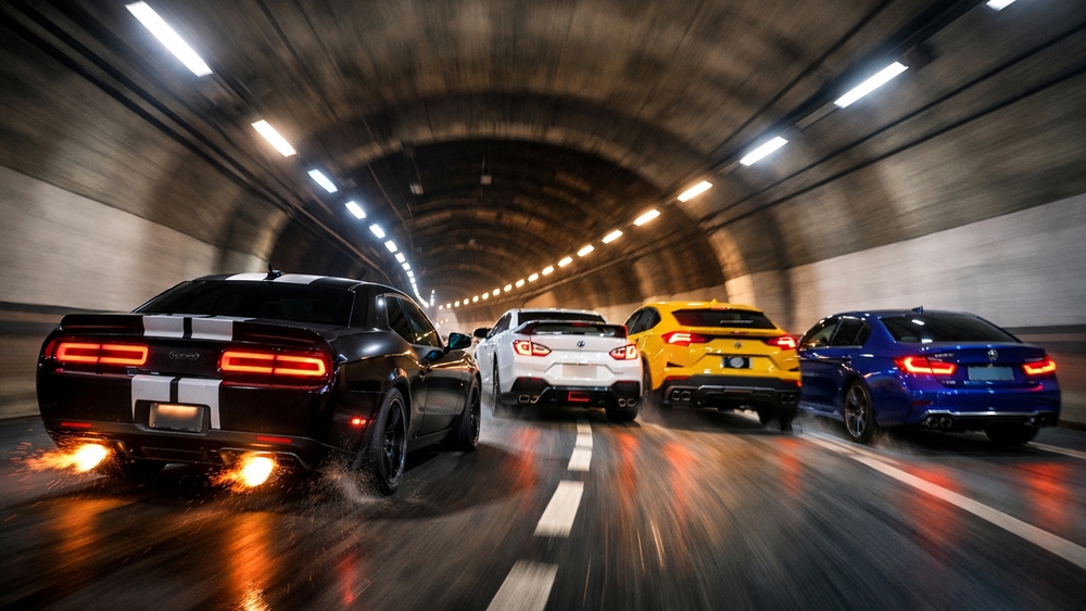Midnight Tunnel Muscle Car Sprint With Neon Reflections wallpaper
