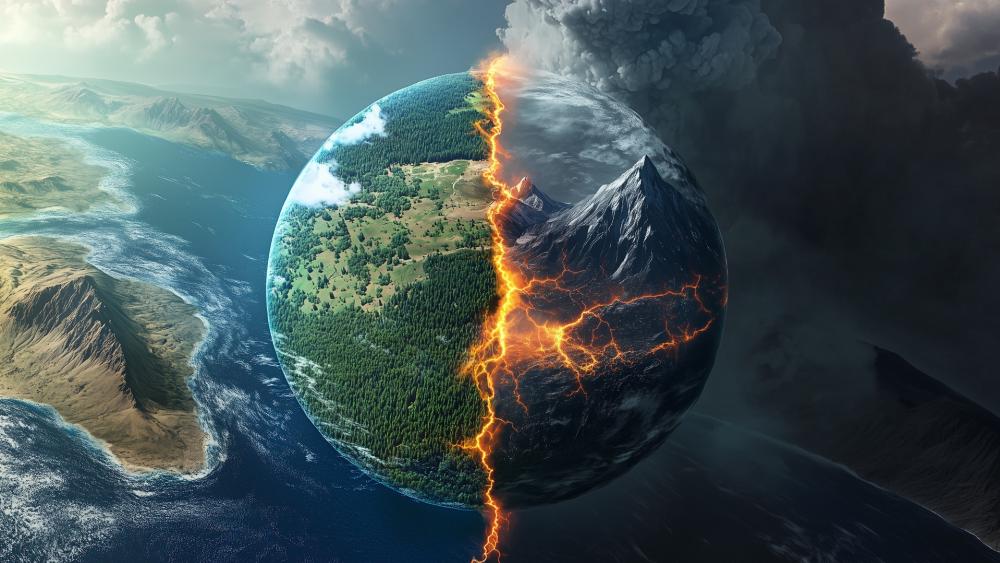 World Split by Fire and Storm in a Fantasy Cataclysm wallpaper