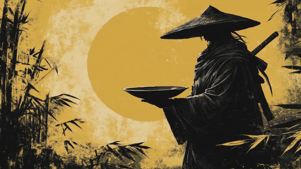Shadow Ronin Offering Under the Golden Moon wallpaper