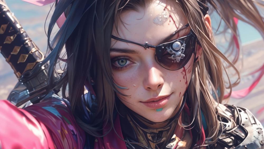 Ronin Eyepatch Samurai Girl in Cyberpunk Skies wallpaper
