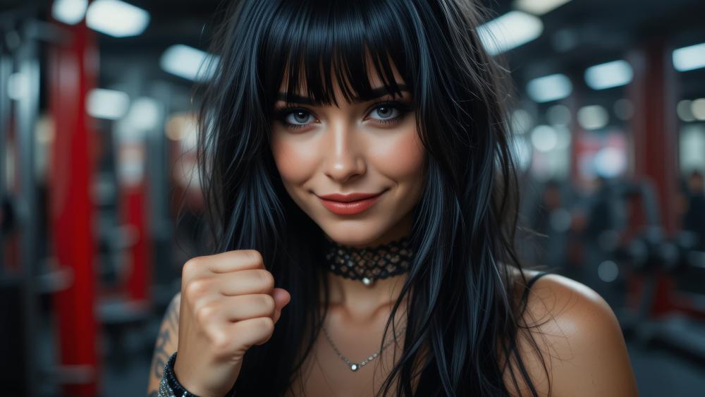 Confident Black Haired Girl With Bangs in Neon Lit Gym wallpaper