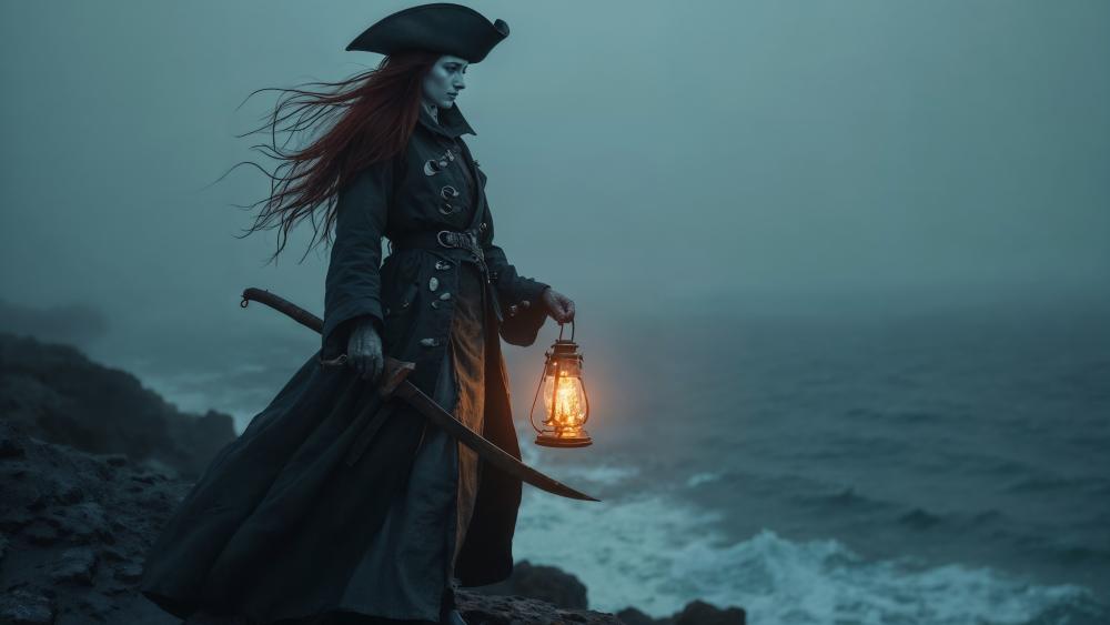 Lanternlit Sea Corsair on Stormy Cliffs in Cinematic 4K Fantasy wallpaper