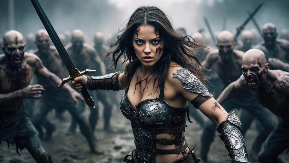 Steel Resolve of the Warrior Woman Amid the Undead Horde wallpaper