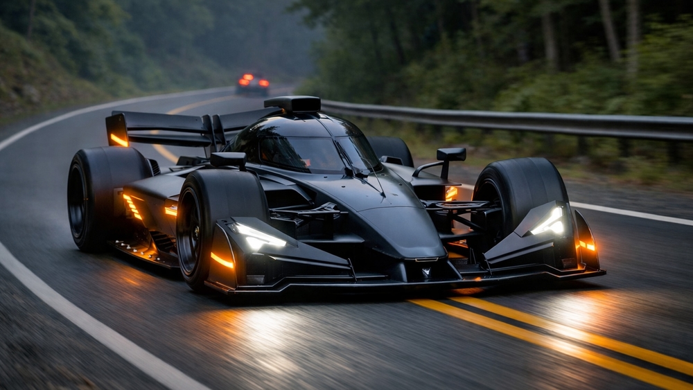 Midnight Hypercar Sprint Through Forested Mountain Highway wallpaper