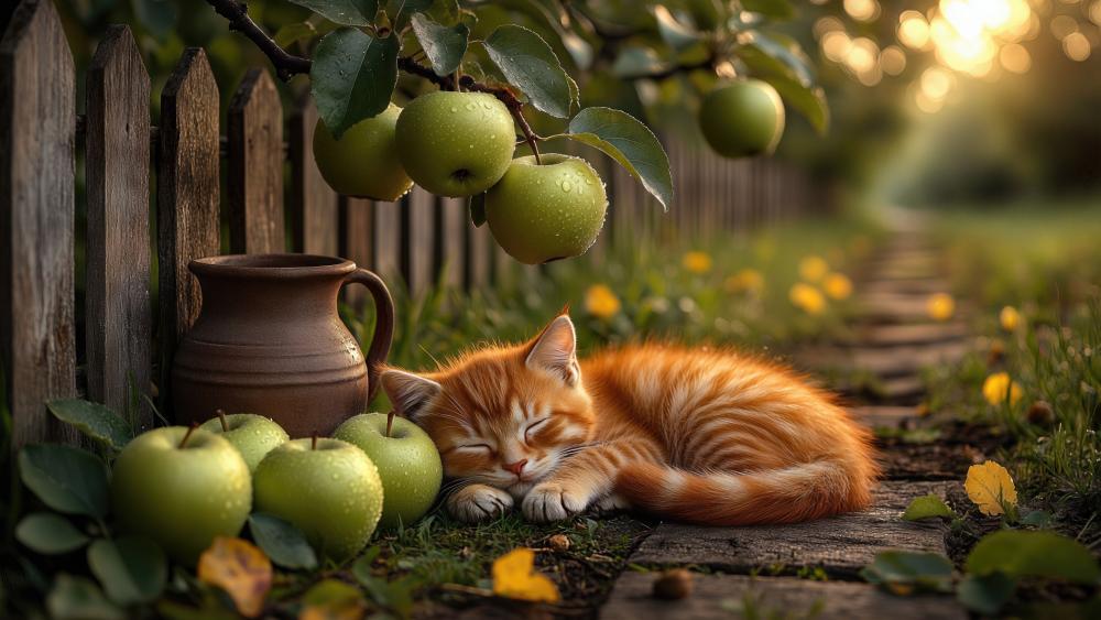 Dreamy Ginger Kitten Sleeping Under Apple Tree in Golden Garden Light wallpaper