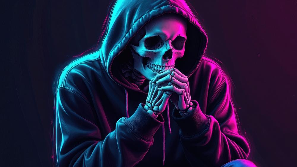 Neon Hoodie Skeleton Deep in Thought Cyberpunk Fantasy Glow wallpaper