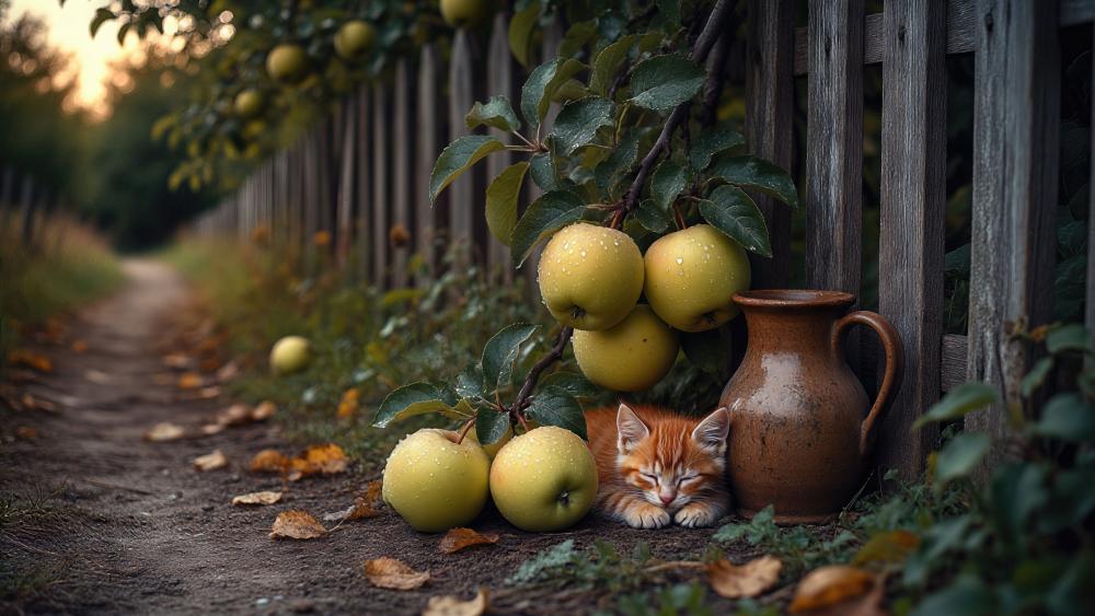 Sleeping Ginger Kitten Beneath Apple Tree in Cozy Autumn Orchard wallpaper
