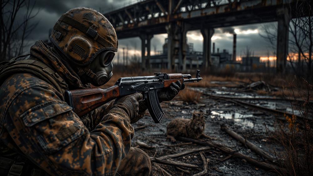 Gas Mask Infantryman Aiming in a Ruined Industrial Wasteland 4K wallpaper