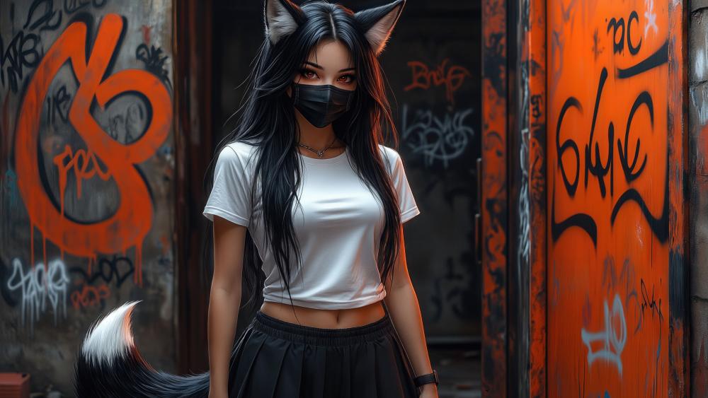 Neon Alley Kitsune Girl With Fox Ears And Masked Gaze wallpaper