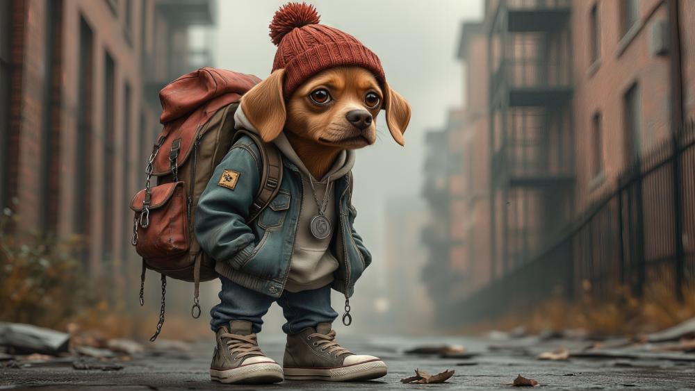 Tiny Backpack Pup Ready for Big City Adventures wallpaper